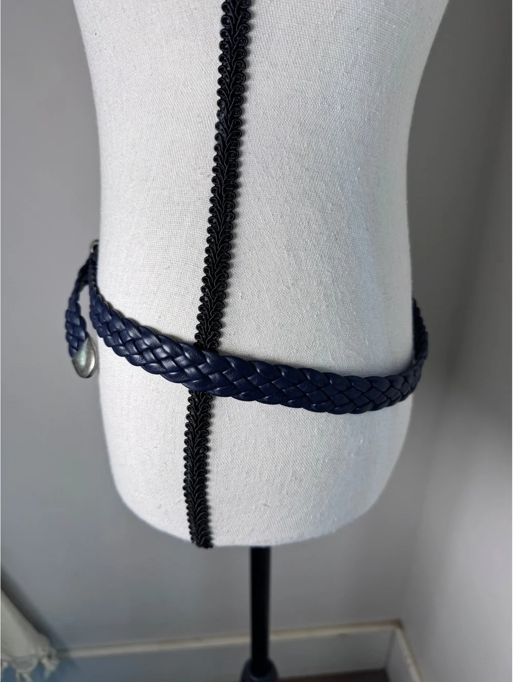 Vintage Navy blue braided leather belt featuring silver-tone hardware